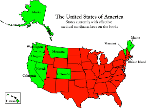 States that have partially legalized marijuana shown in green